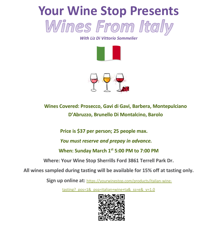 Italian Wine Tasting (Sherrills Ford Location) March 1st 5-7PM